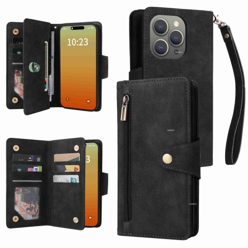 

For iPhone 15 Pro Max Rivet Buckle 9 Cards Three Fold Leather Phone Case(Black)