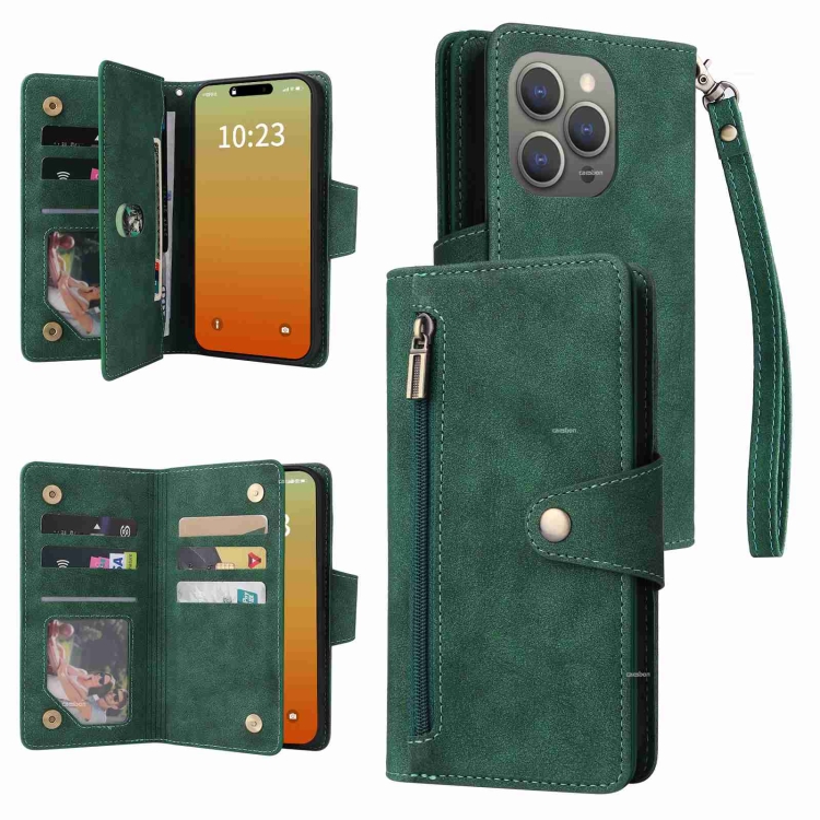 

For iPhone 15 Pro Max Rivet Buckle 9 Cards Three Fold Leather Phone Case(Green)