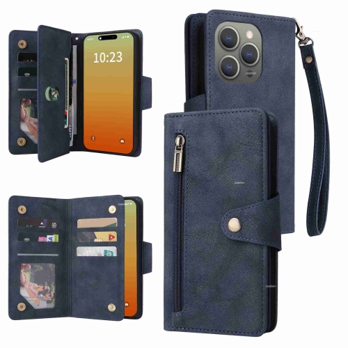 

For iPhone 15 Pro Rivet Buckle 9 Cards Three Fold Leather Phone Case(Blue)