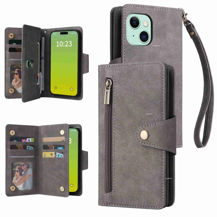 

For iPhone 15 Plus Rivet Buckle 9 Cards Three Fold Leather Phone Case(Grey)