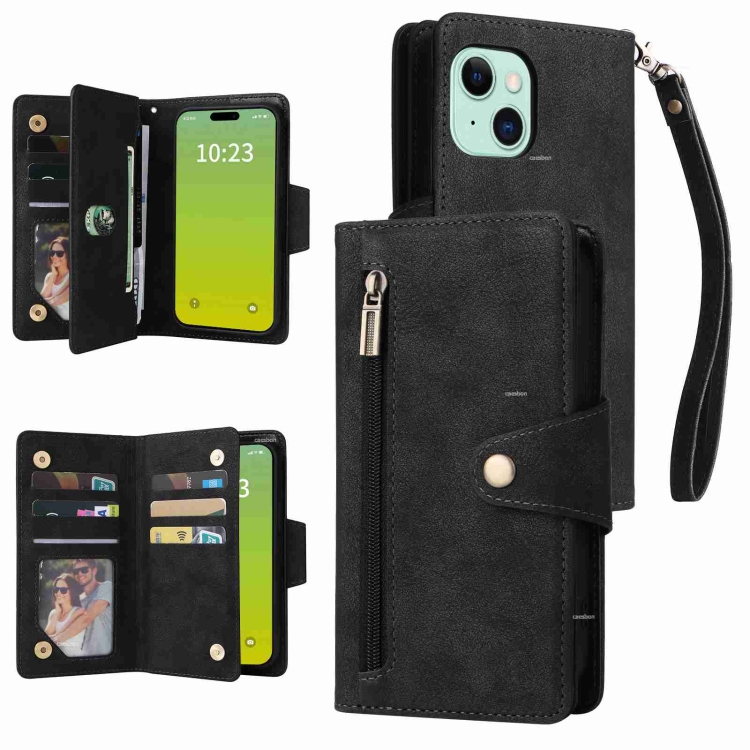 

For iPhone 15 Rivet Buckle 9 Cards Three Fold Leather Phone Case(Black)
