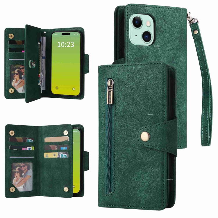 

For iPhone 15 Rivet Buckle 9 Cards Three Fold Leather Phone Case(Green)