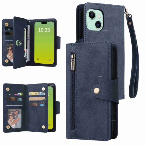 

For iPhone 15 Rivet Buckle 9 Cards Three Fold Leather Phone Case(Blue)