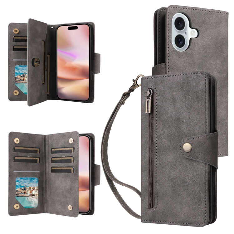 

For iPhone 16 Rivet Buckle 9 Cards Three Fold Leather Phone Case(Grey)