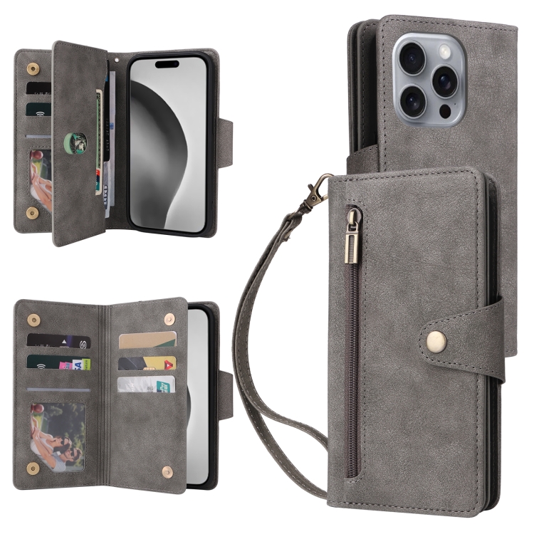 

For iPhone 16 Pro Max Rivet Buckle 9 Cards Three Fold Leather Phone Case(Grey)