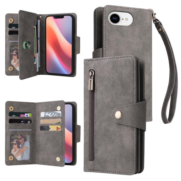 

For iPhone 16e Rivet Buckle 9 Cards Three Fold Leather Phone Case(Grey)