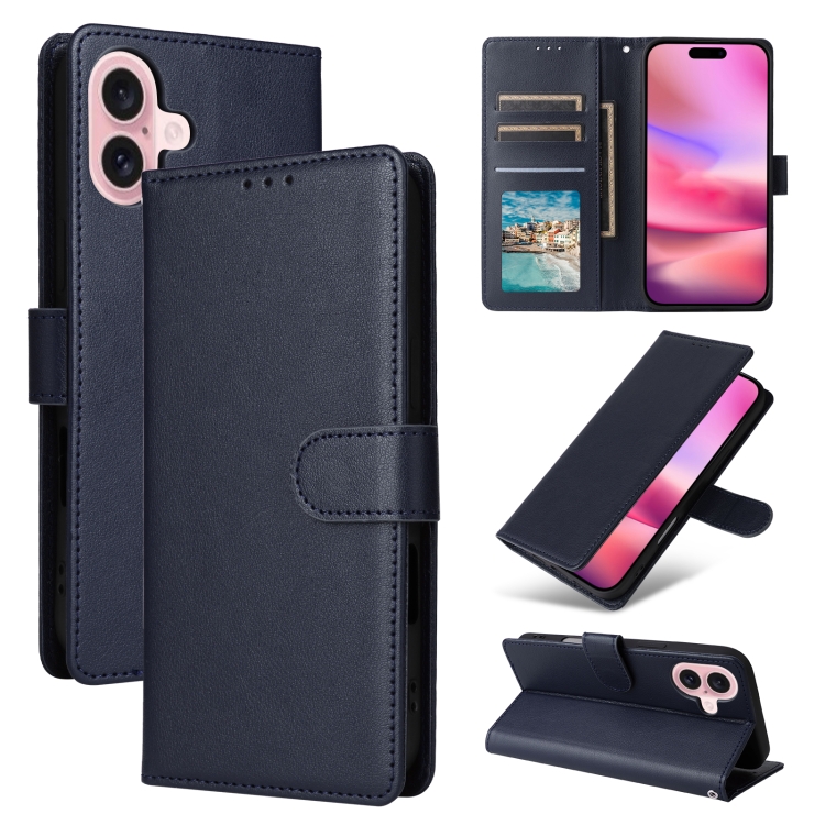

For iPhone 16 Plus Multifunctional Horizontal Flip Leather Phone Case with Three Card Slots(Blue)