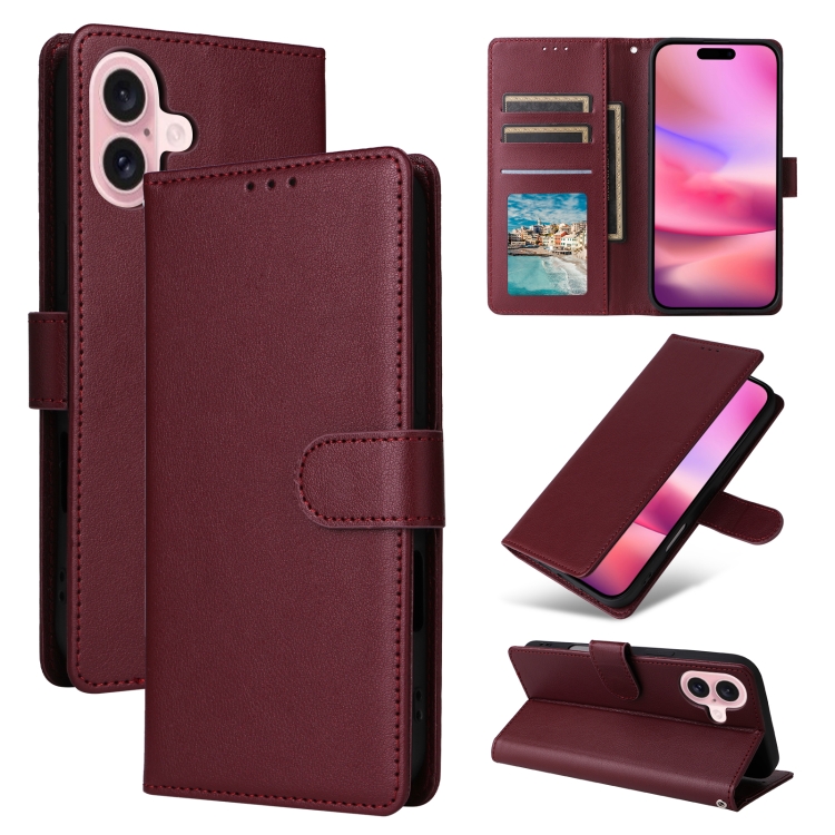 

For iPhone 16 Plus 3-Card Slots Multifunctional Leather Phone Case(Wine Red)