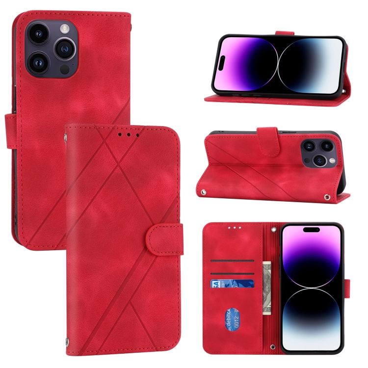 

For iPhone 15 Pro Max Embossed Line Leather Phone Case with Lanyard(Red)