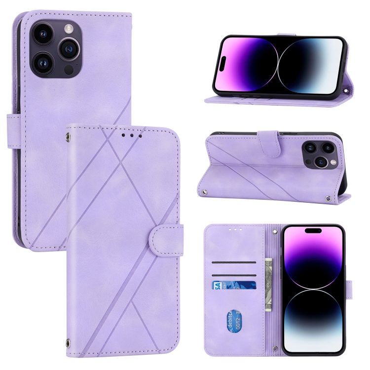 

For iPhone 15 Pro Embossed Line Leather Phone Case with Lanyard(Purple)