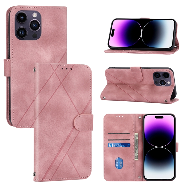 

For iPhone 15 Pro Embossed Line Leather Phone Case with Lanyard(Pink)