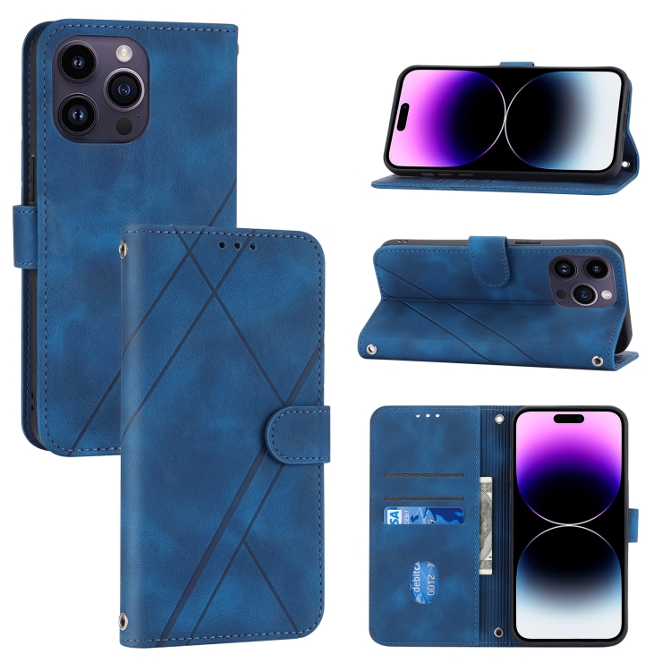 

For iPhone 15 Pro Embossed Line Leather Phone Case with Lanyard(Blue)