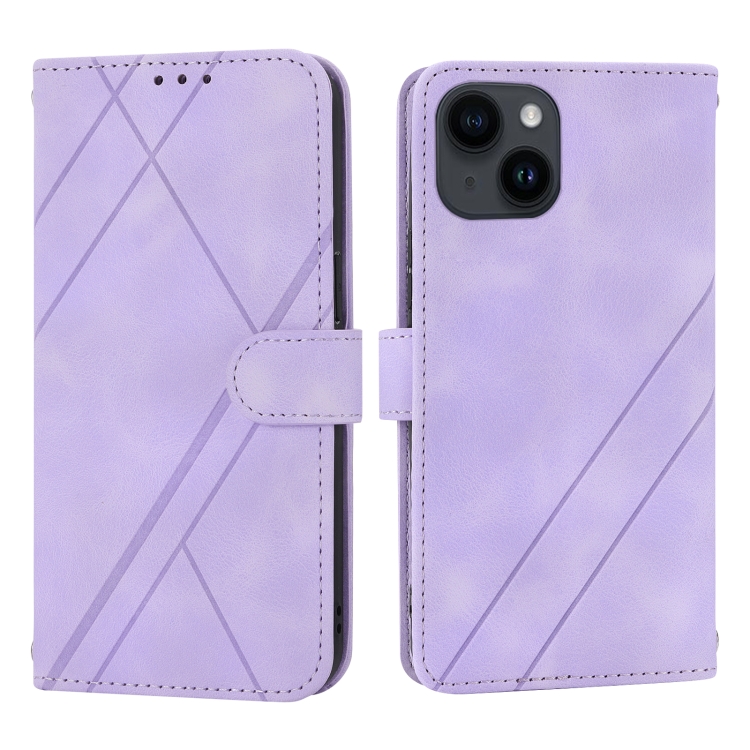 

For iPhone 15 Plus Embossed Line Leather Phone Case with Lanyard(Purple)