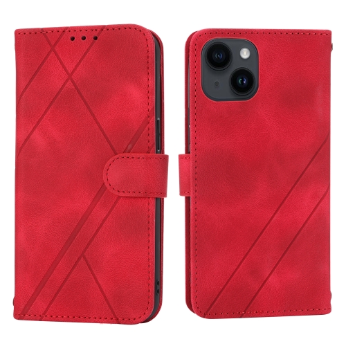 

For iPhone 15 Plus Embossed Line Leather Phone Case with Lanyard(Red)