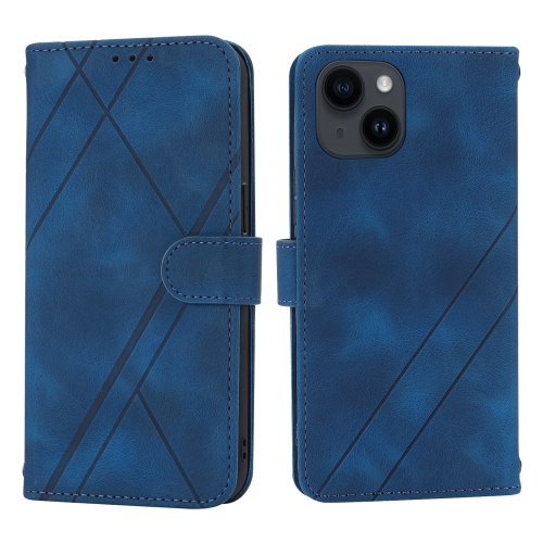 

For iPhone 15 Plus Embossed Line Leather Phone Case with Lanyard(Blue)