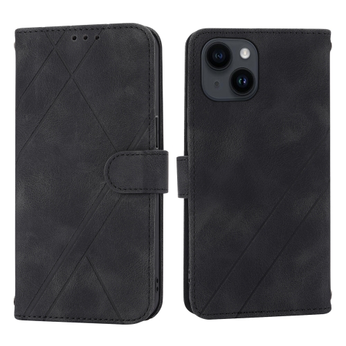 

For iPhone 15 Plus Embossed Line Leather Phone Case with Lanyard(Black)