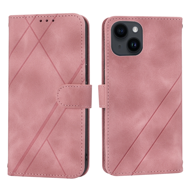 

For iPhone 15 Embossed Line Leather Phone Case with Lanyard(Pink)