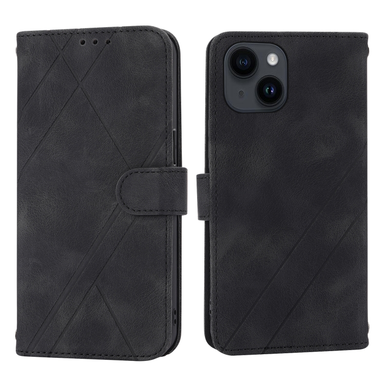 

For iPhone 15 Embossed Line Leather Phone Case with Lanyard(Black)
