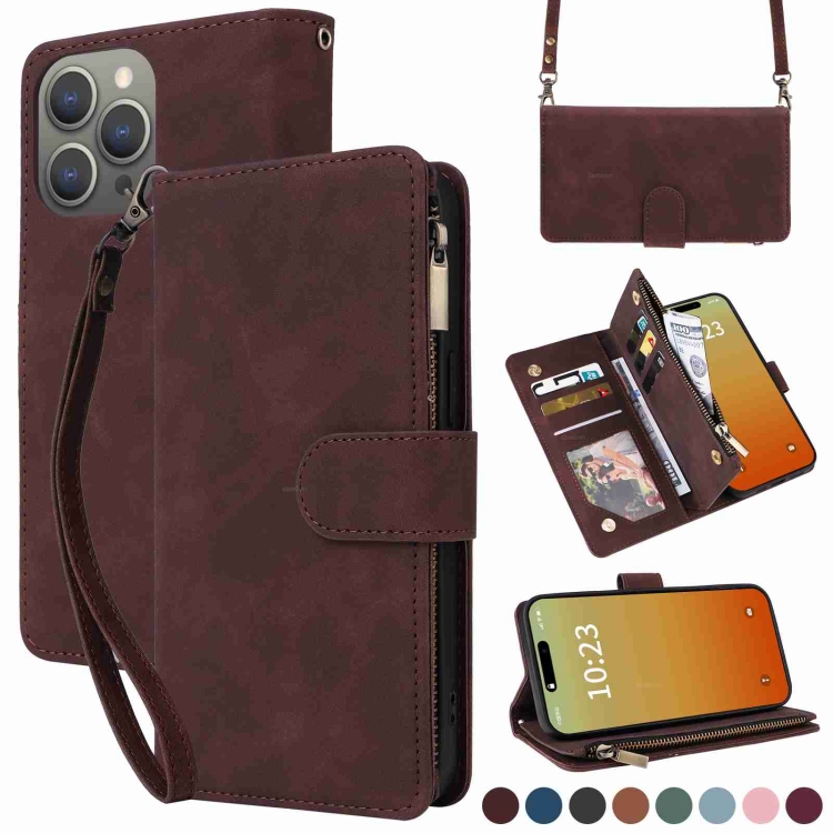 

For iPhone 15 Pro Max Crossbody Multi-card Slot Wallet Zipper Leather Phone Case(Coffee)