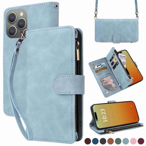 

For iPhone 15 Pro Max Crossbody Multi-card Slot Wallet Zipper Leather Phone Case(Light Blue)