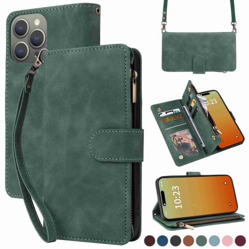 

For iPhone 15 Pro Crossbody Multi-card Slot Wallet Zipper Leather Phone Case(Green)