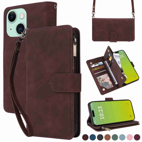 

For iPhone 15 Plus Crossbody Multi-card Slot Wallet Zipper Leather Phone Case(Coffee)