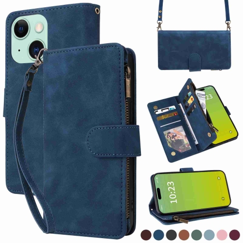 

For iPhone 15 Plus Crossbody Multi-card Slot Wallet Zipper Leather Phone Case(Dark Blue)
