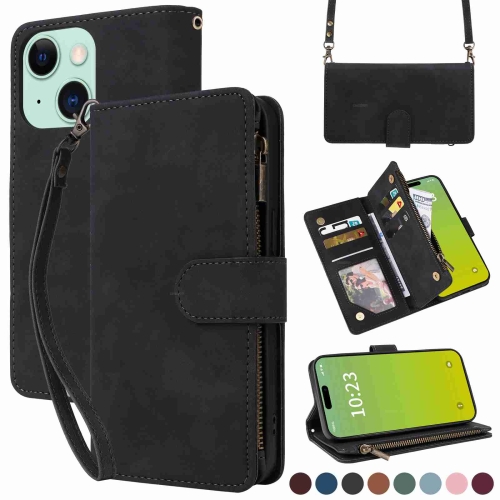 

For iPhone 15 Crossbody Multi-card Slot Wallet Zipper Leather Phone Case(Black)