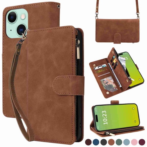 

For iPhone 15 Crossbody Multi-card Slot Wallet Zipper Leather Phone Case(Brown)