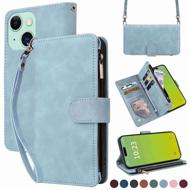 

For iPhone 15 Crossbody Multi-card Slot Wallet Zipper Leather Phone Case(Light Blue)