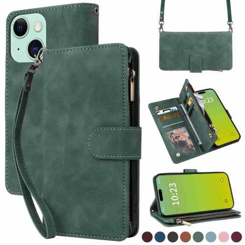 

For iPhone 15 Crossbody Multi-card Slot Wallet Zipper Leather Phone Case(Green)