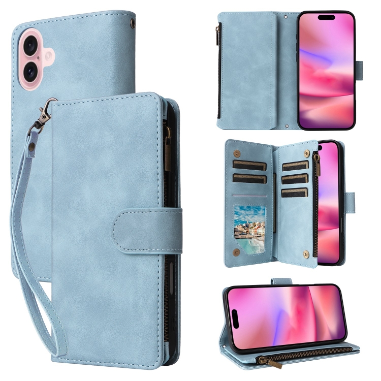 

For iPhone 16 Crossbody Multi-card Slot Wallet Zipper Leather Phone Case(Light Blue)