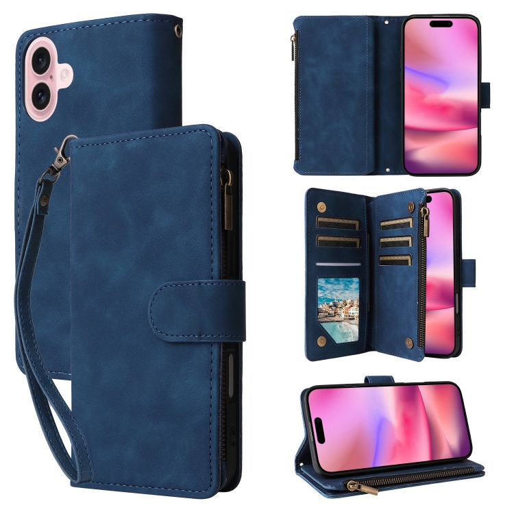 

For iPhone 16 Plus Crossbody Multi-card Slot Wallet Zipper Leather Phone Case(Dark Blue)