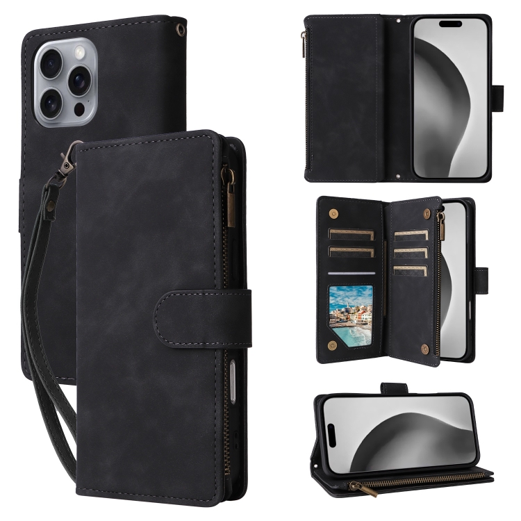 

For iPhone 16 Pro Crossbody Multi-card Slot Wallet Zipper Leather Phone Case(Black)