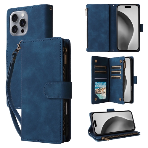 

For iPhone 16 Pro Crossbody Multi-card Slot Wallet Zipper Leather Phone Case(Dark Blue)