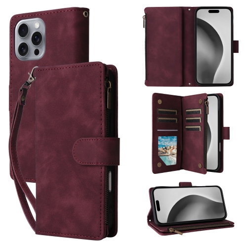 

For iPhone 16 Pro Max Crossbody Multi-card Slot Wallet Zipper Leather Phone Case(Wine Red)