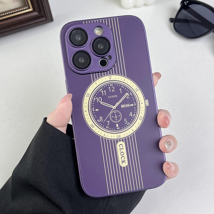 

For iPhone 15 Pro Clock Pattern Magnetic Lens Protection Phone Case(Purple)
