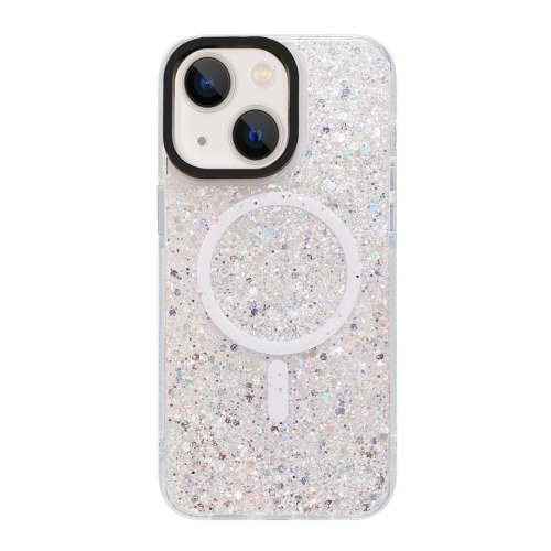 

For iPhone 15 Plus Gold Armor MagSafe Glitter Epoxy Phone Case(White)