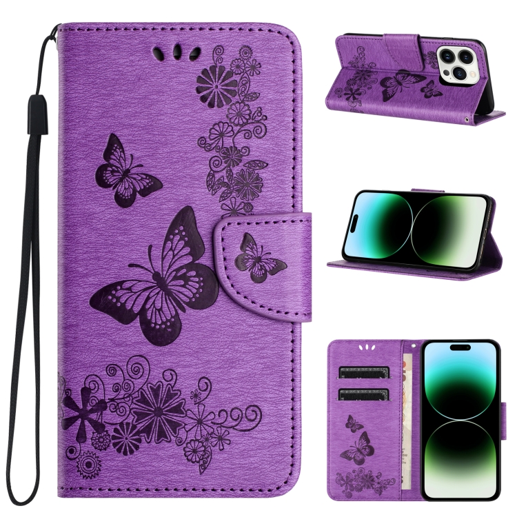 

For iPhone 15 Pro Max Butterfly Embossed Flip Leather Phone Case(Purple)