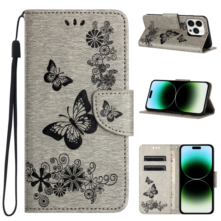 

For iPhone 15 Pro Max Butterfly Embossed Flip Leather Phone Case(Grey)