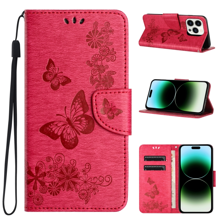 

For iPhone 15 Pro Butterfly Embossed Flip Leather Phone Case(Red)