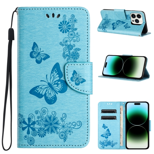 

For iPhone 15 Pro Butterfly Embossed Flip Leather Phone Case(Blue)