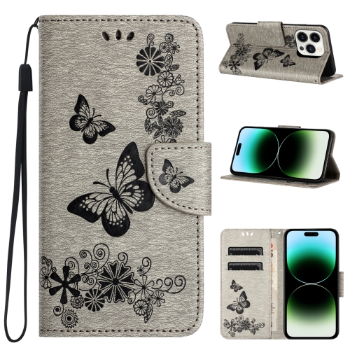 

For iPhone 15 Pro Butterfly Embossed Flip Leather Phone Case(Grey)