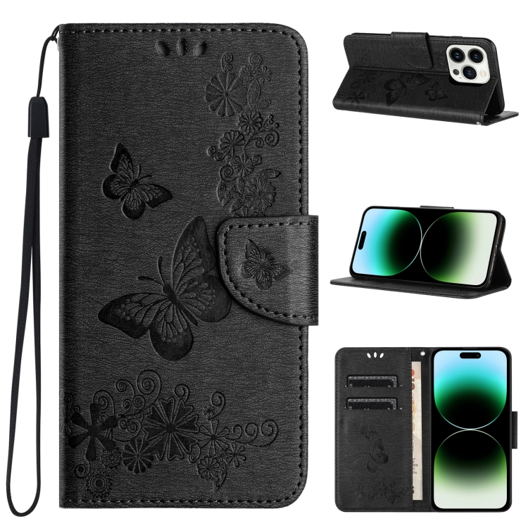 

For iPhone 15 Pro Butterfly Embossed Flip Leather Phone Case(Black)