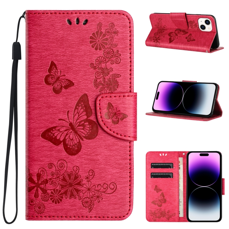 

For iPhone 15 Plus Butterfly Embossed Flip Leather Phone Case(Red)