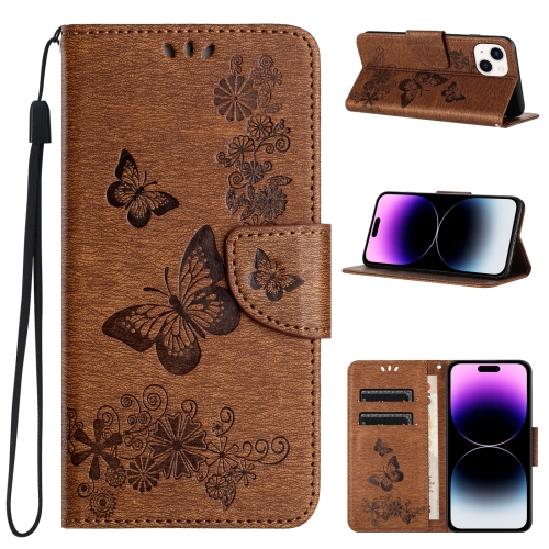 

For iPhone 15 Plus Butterfly Embossed Flip Leather Phone Case(Brown)