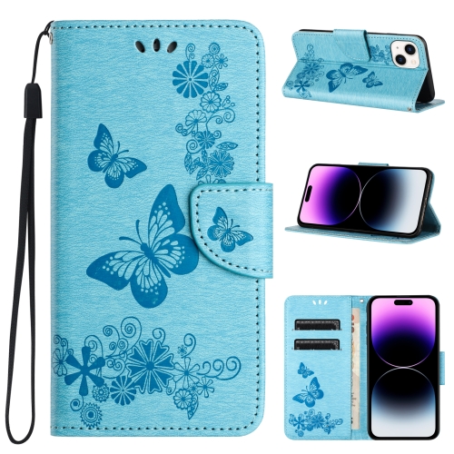 

For iPhone 15 Plus Butterfly Embossed Flip Leather Phone Case(Blue)