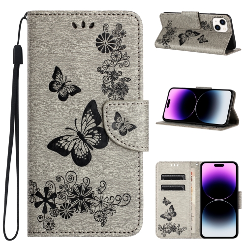 

For iPhone 15 Plus Butterfly Embossed Flip Leather Phone Case(Grey)