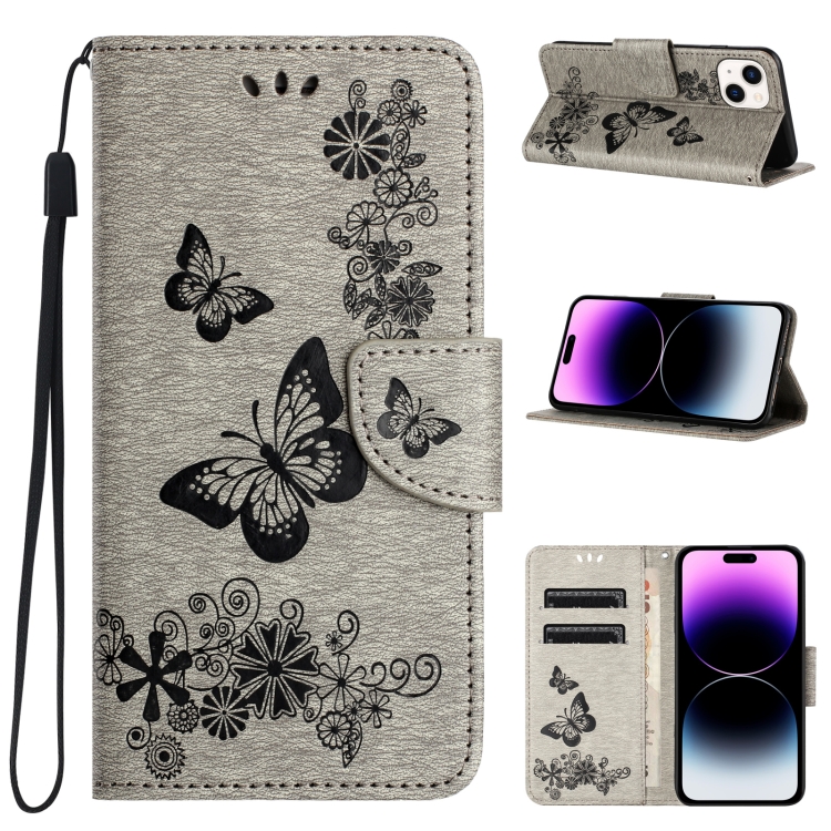 

For iPhone 15 Butterfly Embossed Flip Leather Phone Case(Grey)