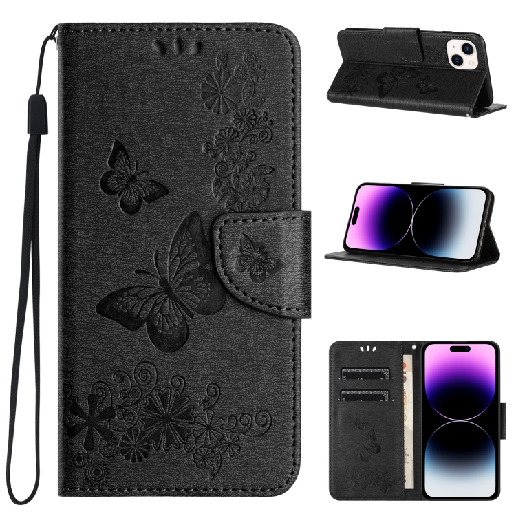 

For iPhone 15 Butterfly Embossed Flip Leather Phone Case(Black)